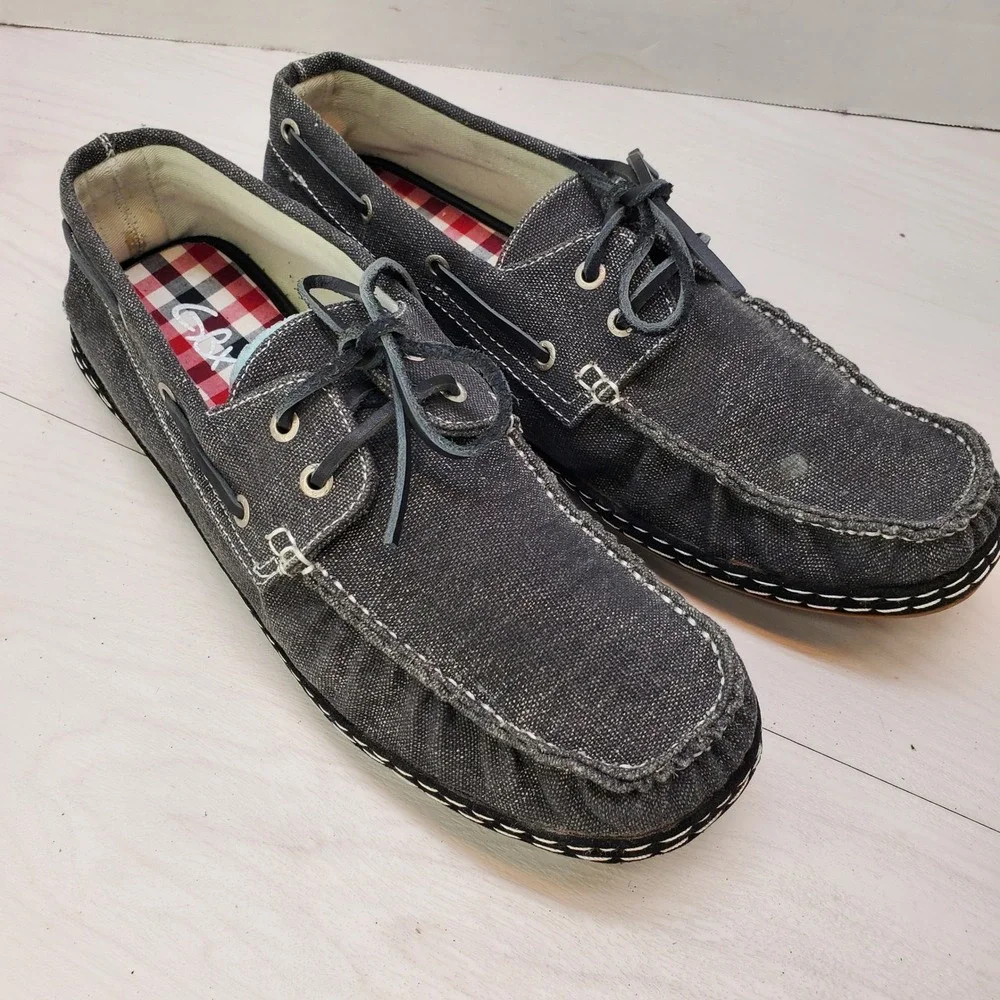 GBX Mens Boat Shoes Charcoal Denim‎ Canvas Plaid Lining Moc Toe 13M Street-Savvy